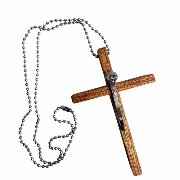 Wood Cross Necklace Nail Crucifix Pendant - Picture 2 of 7